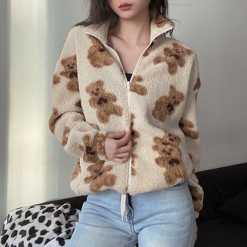 Loose Printed Lamb Wool Coat in European American Style