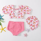 Cute Cartoon Bear Print Swimsuit and Plaid Shorts Set