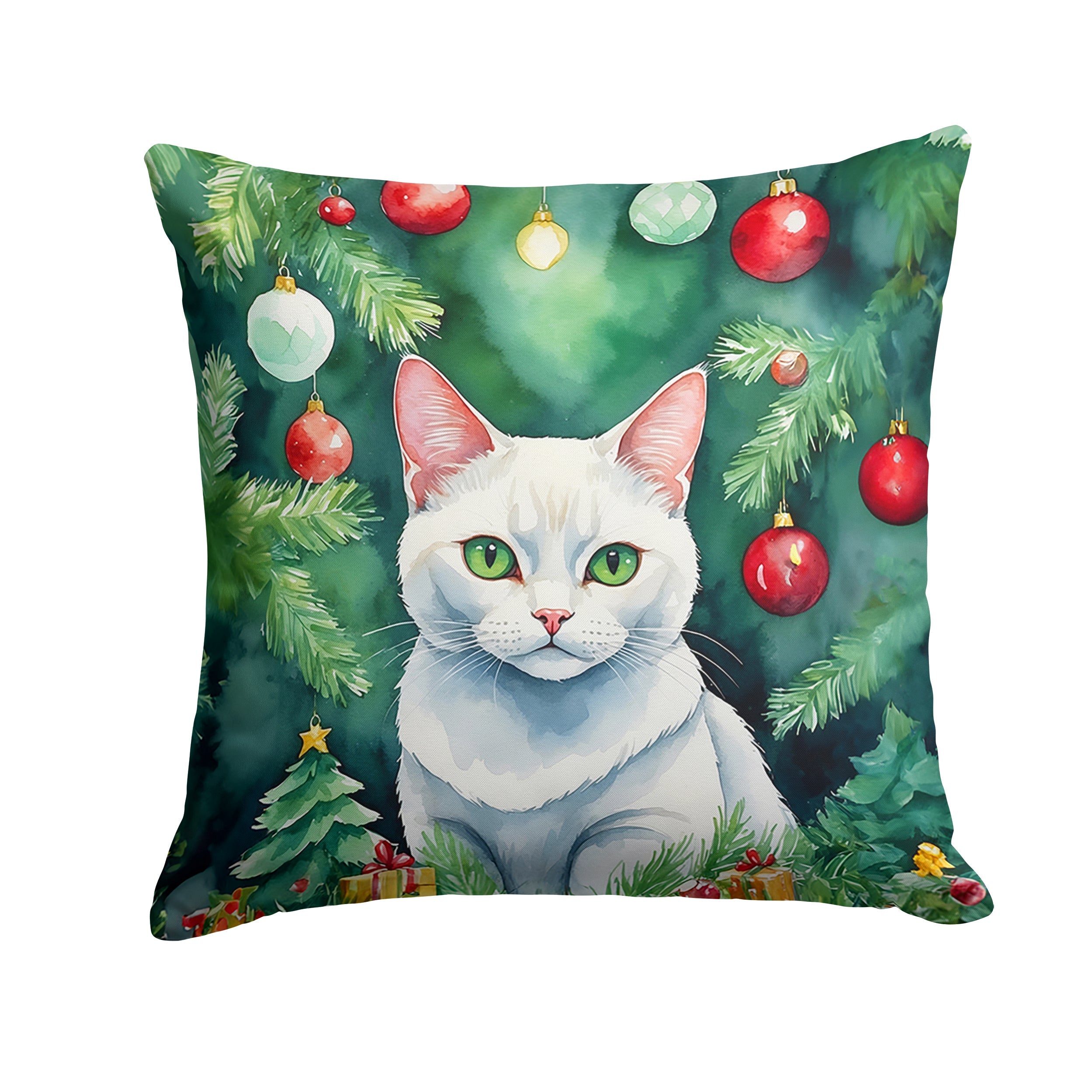 Khao Manee Cat By the Christmas Tree Throw Pillow