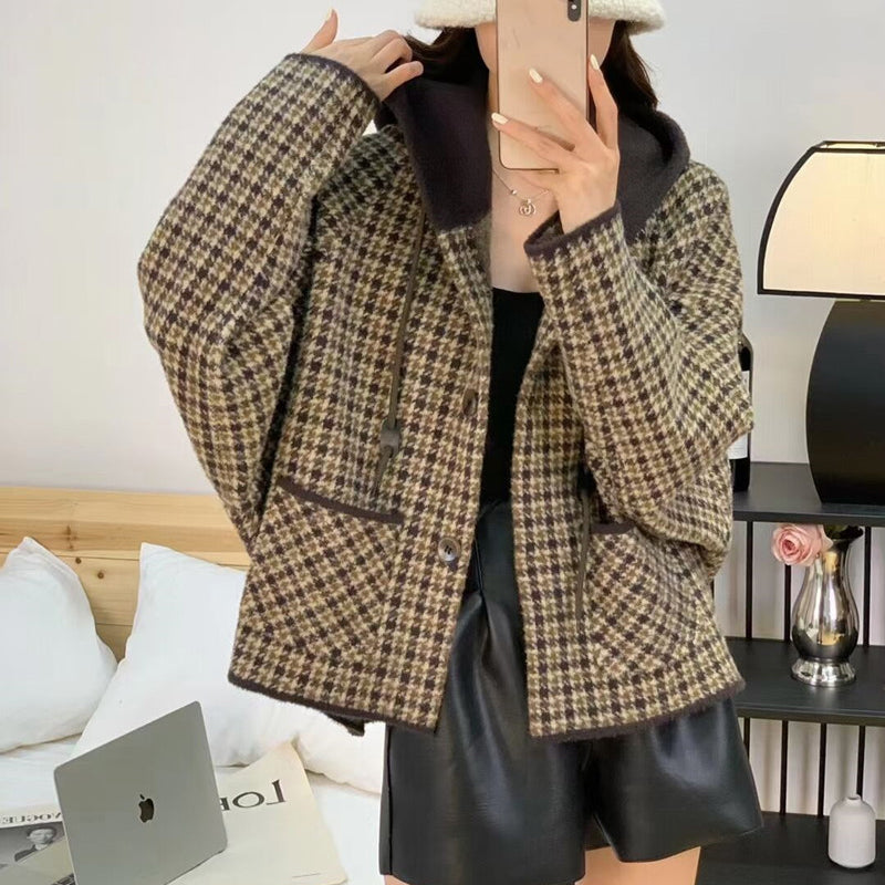 Vintage Plaid Hooded Women's Sweater Jacket Cardigan