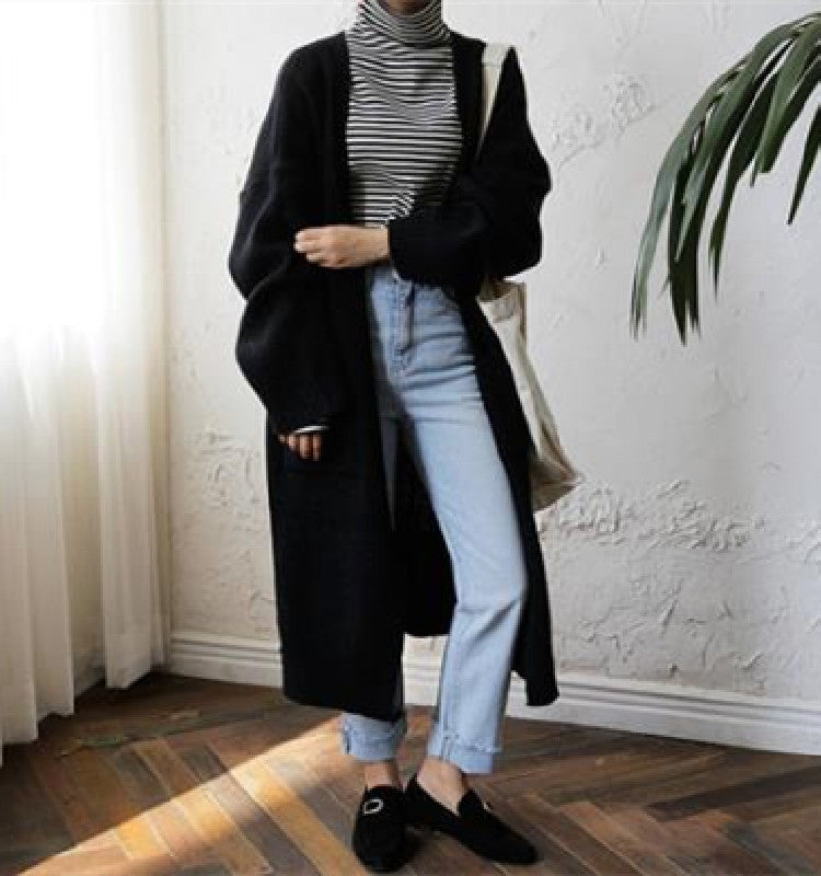 Mid-Length Crimped Solid Color Knit Sweater Coat for Women