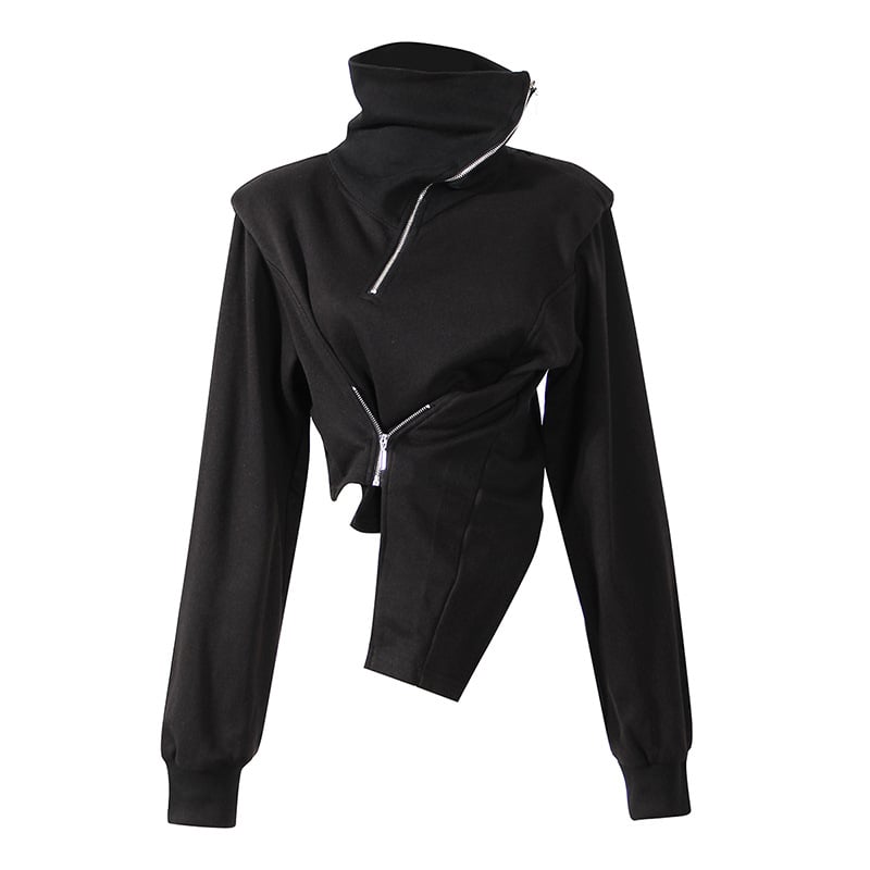 Diagonal Zip Turtleneck Long-Sleeved Sweatshirt | Streetwear