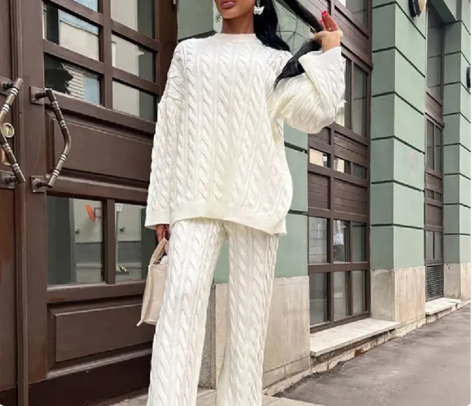 Sweater Pullover Plus Knitted Wide-legged Pants Two-piece Set | Streetwear