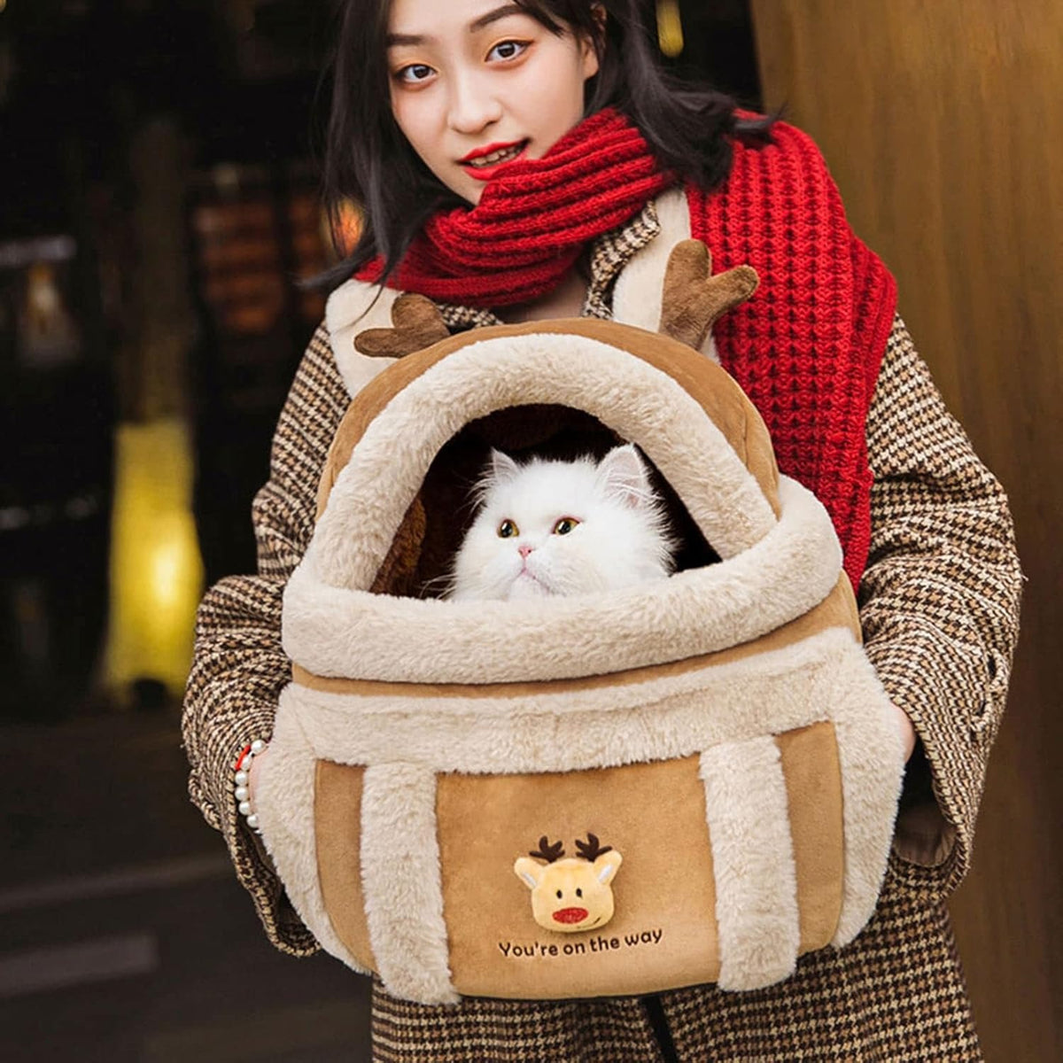 Plush Reindeer Pet Carrier Backpack with Hand Warmers | Streetwear