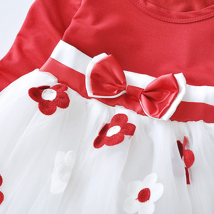 2019 Girls' Floral Bow Long Sleeve Dress (Korean Style)