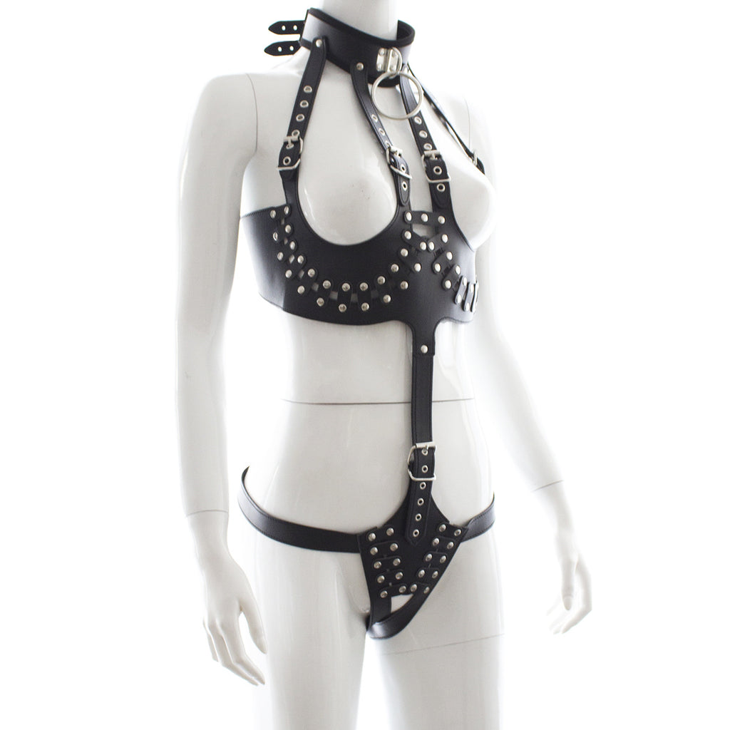 Black Leather Bodysuit with Open-Breast Design