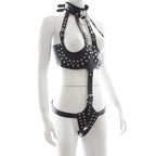 Black Leather Bodysuit with Open-Breast Design