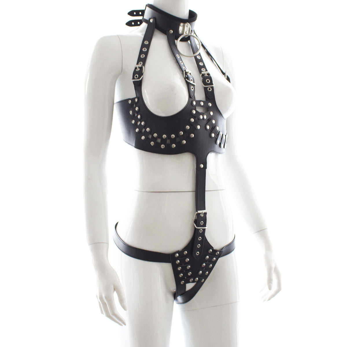 Black Leather Bodysuit with Open-Breast Design