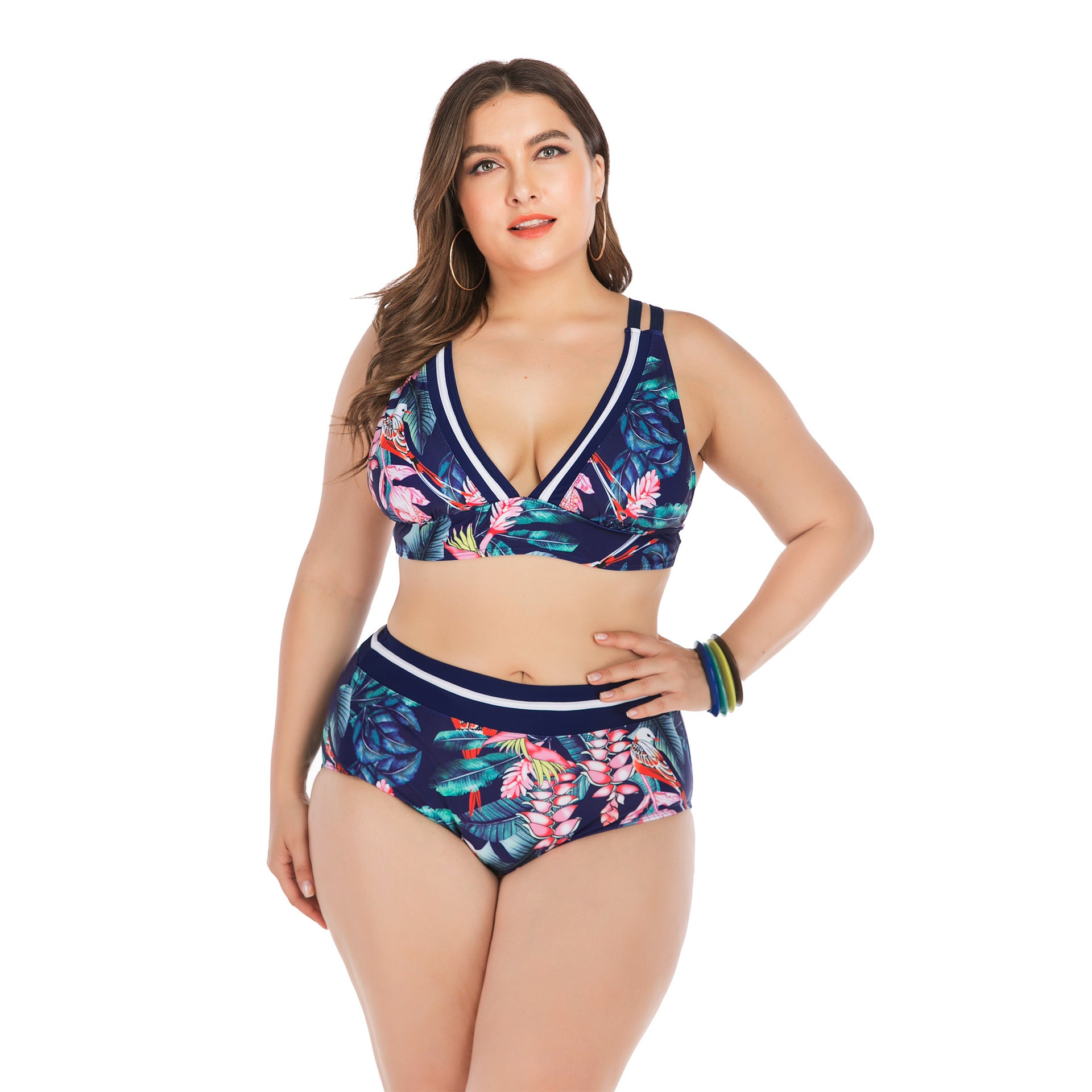Plus Size Tropical Print High-Waist Bikini Set