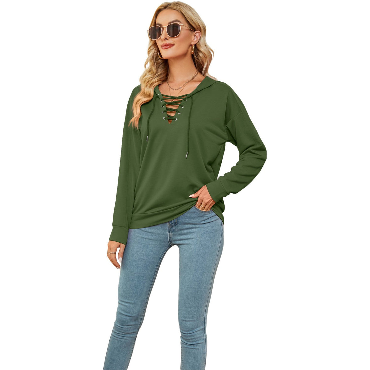 Hooded Solid Color Sweater for Women with Collar Straps