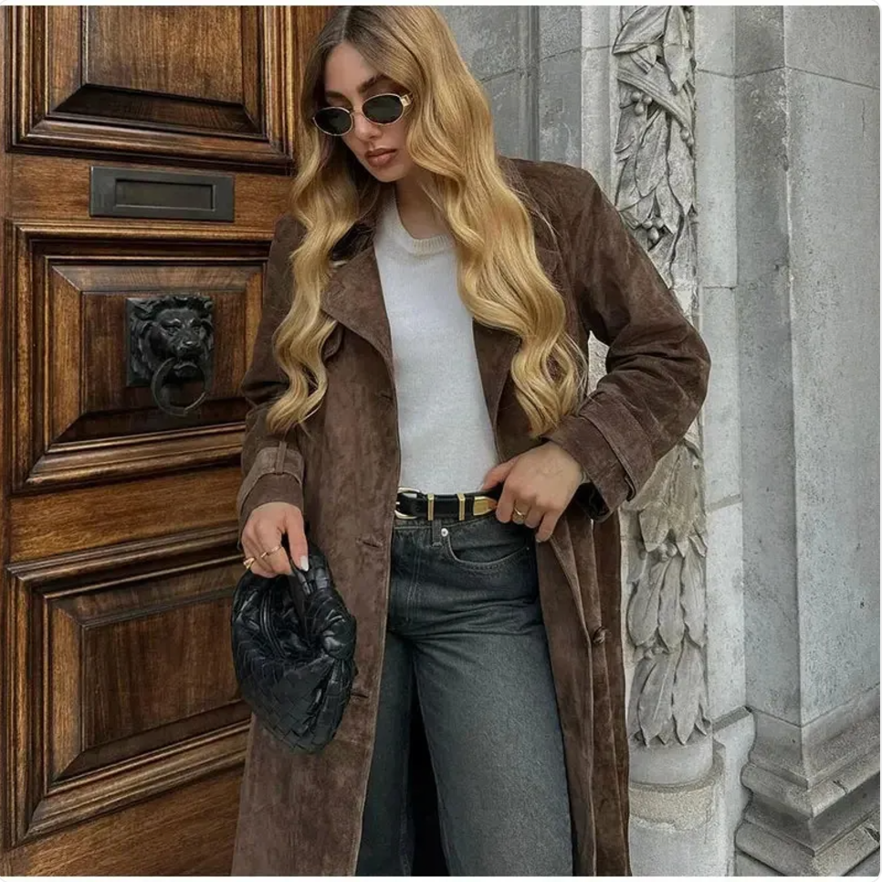 Women's Vintage Double-Breasted Suede Long Coat with Belt