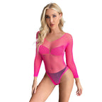 Sheer Rhinestone Fishnet Long-Sleeve Bodysuit Teddy