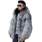 Men's Hooded Mink Fur One-Piece Coat with Fox Trim