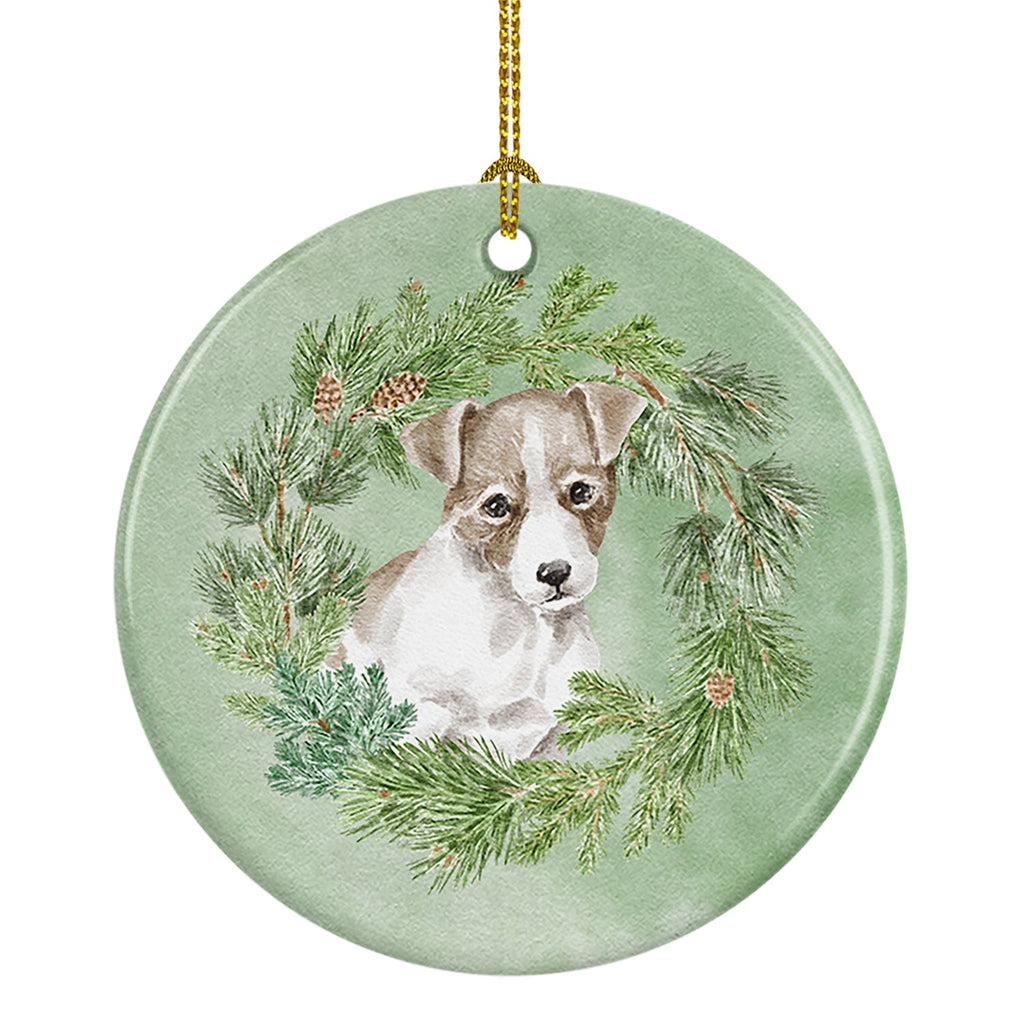 Jack Russell Terrier Puppy Chestnut and White Christmas Wreath Ceramic Ornament