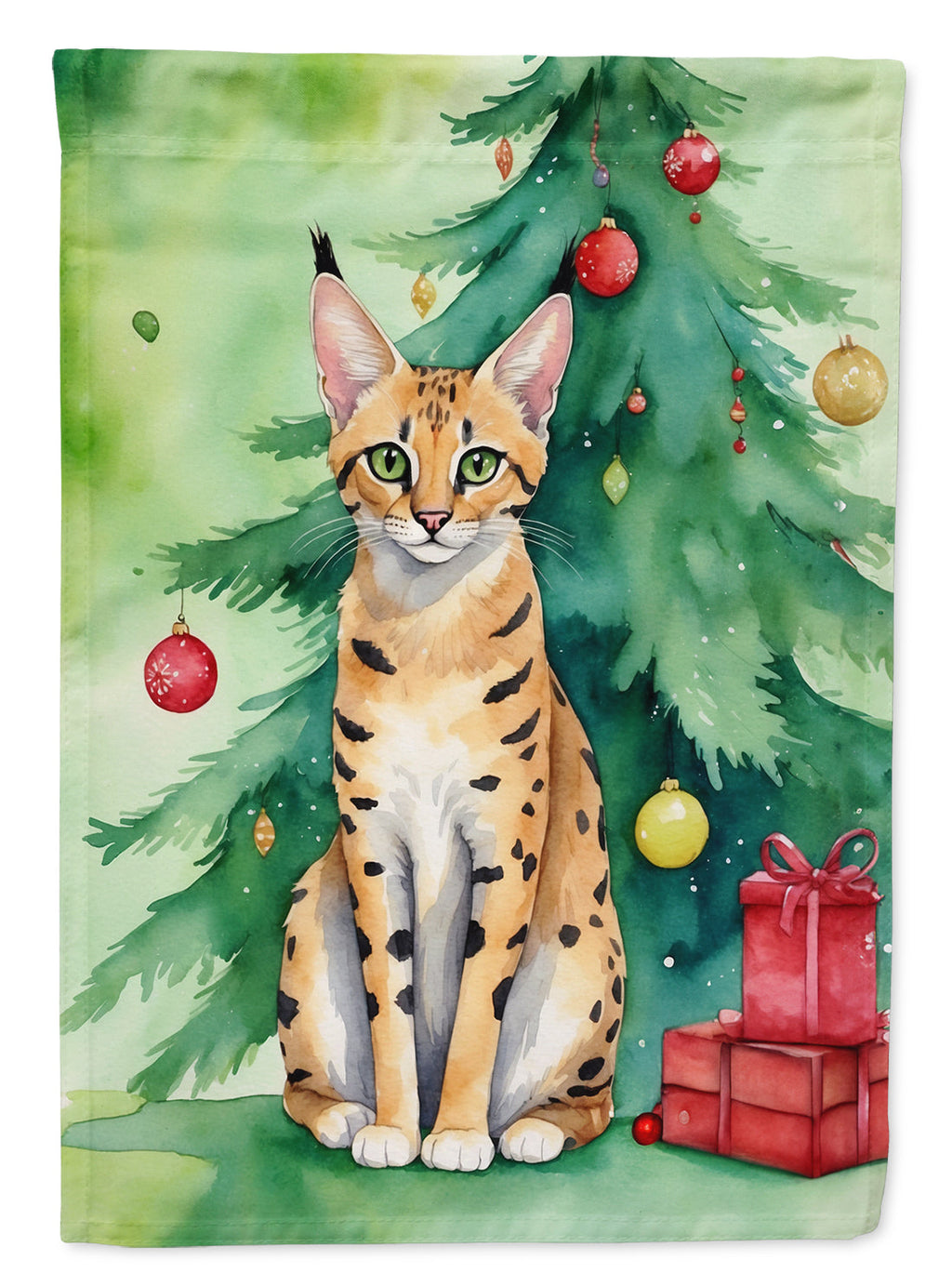 Serengeti Cat By the Christmas Tree House Flag