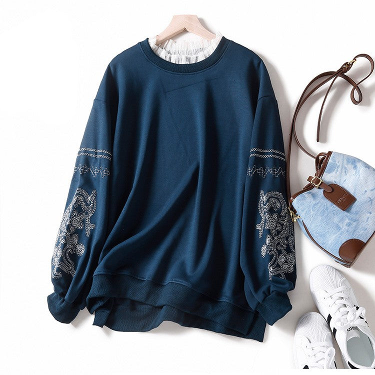 Lace Stitch Embroidered Women's Crew Neck Sweater
