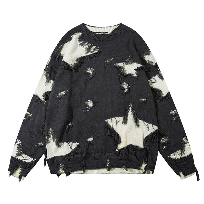 Heavy Industry Color Matching Star Round Neck Sweater