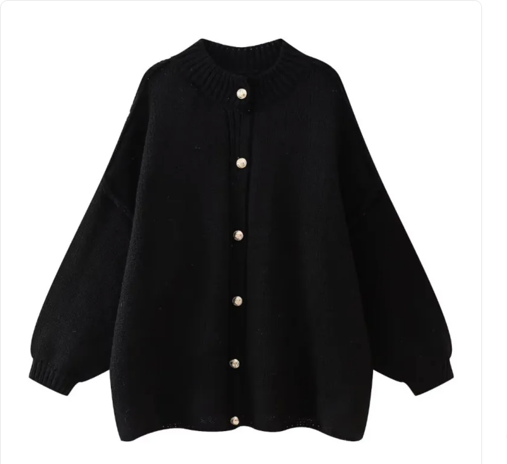 French Loose Fit Round Neck Cardigan with Metal Buttons