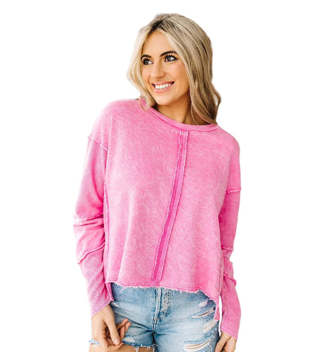 Solid Color Women's Raw Edge Pullover Hoodie Top | Streetwear