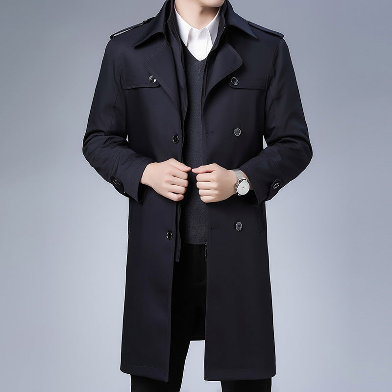 Men's Long Double Breasted Windbreaker with Wool Liner