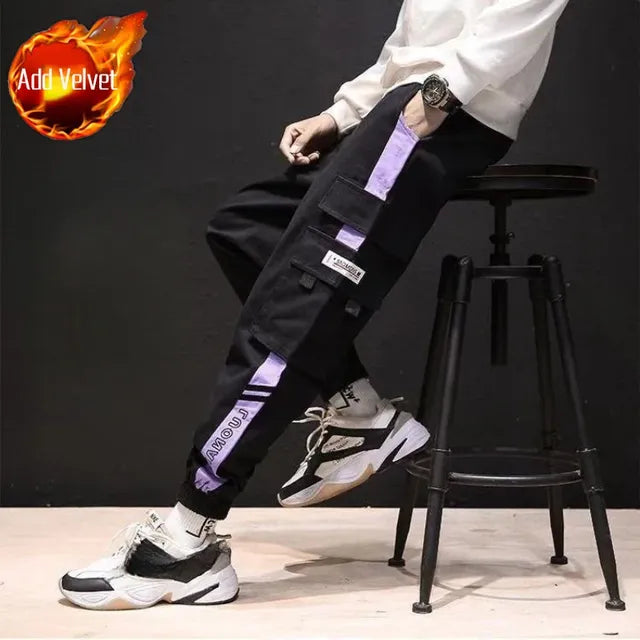 Men's Black Fleece-Lined Cargo Pants with Multi Pockets