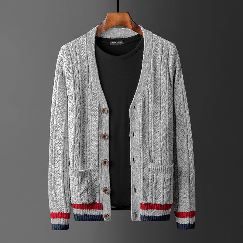 Plus Size V-Neck Contrast Color Cotton Cardigan Sweater