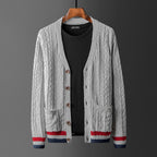 Plus Size V-Neck Contrast Color Cotton Cardigan Sweater