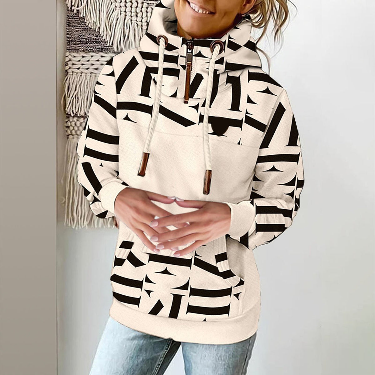 Women's Printed High Neck Fleece Sweater