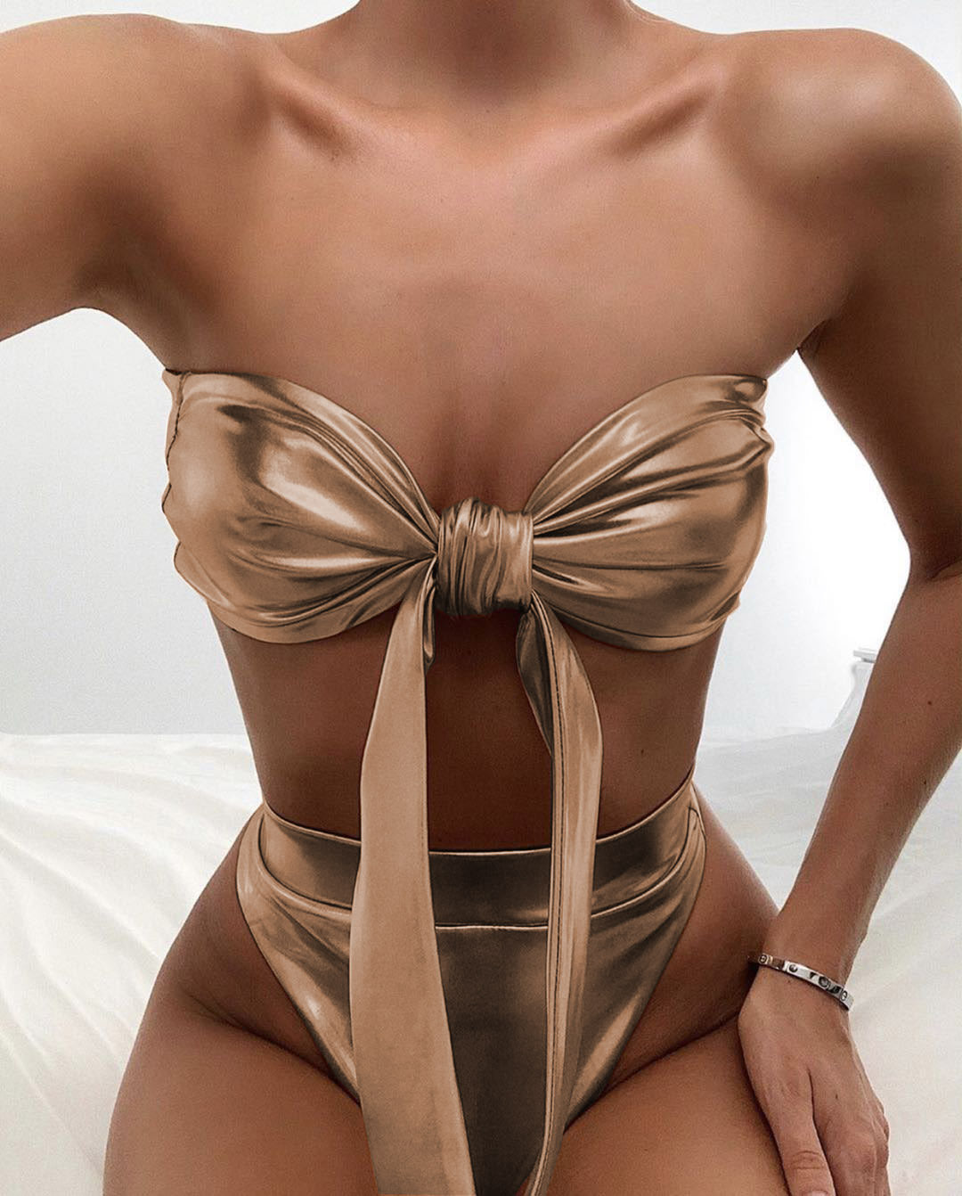 High-Waisted Triangle Bikini with Bow - Sexy Swimwear