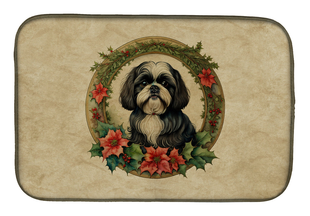 Shih Tzu Christmas Flowers Dish Drying Mat