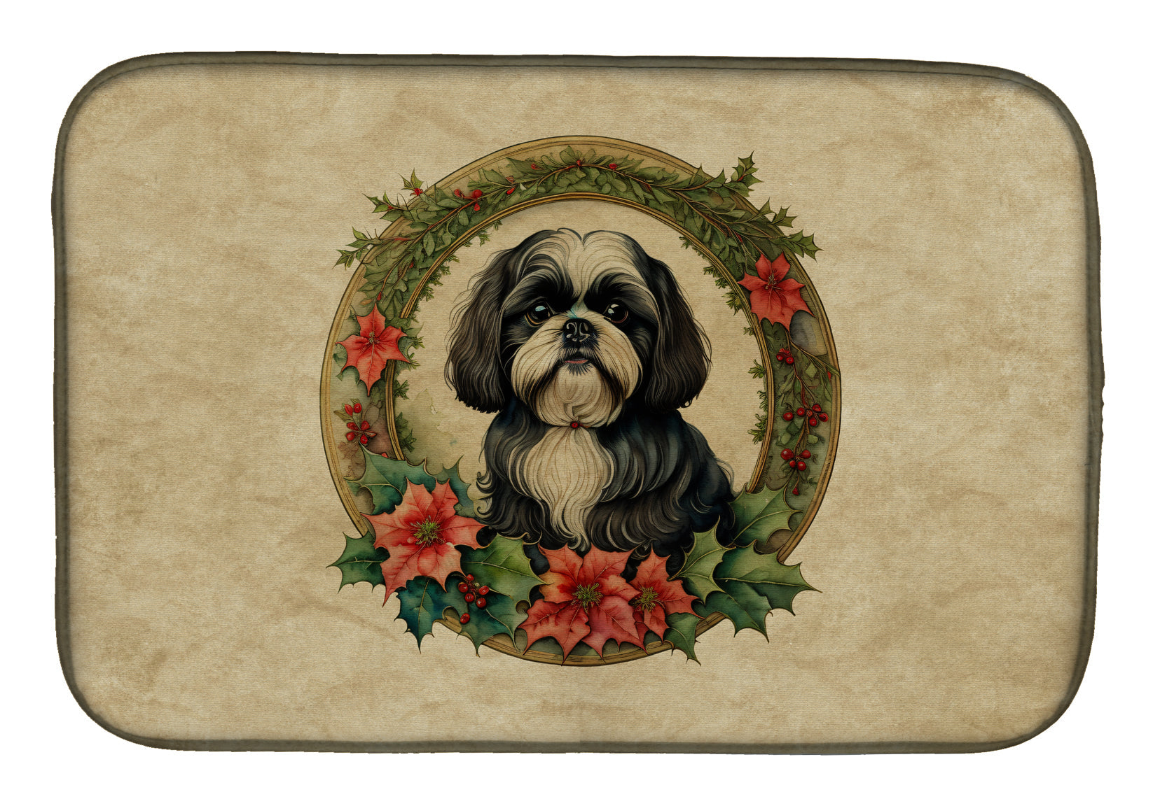 Shih Tzu Christmas Flowers Dish Drying Mat