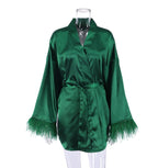 Feather Trim Silk-Feel Long Sleeve Nightgown
