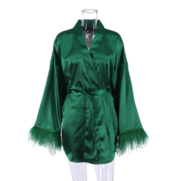 Feather Trim Silk-Feel Long Sleeve Nightgown