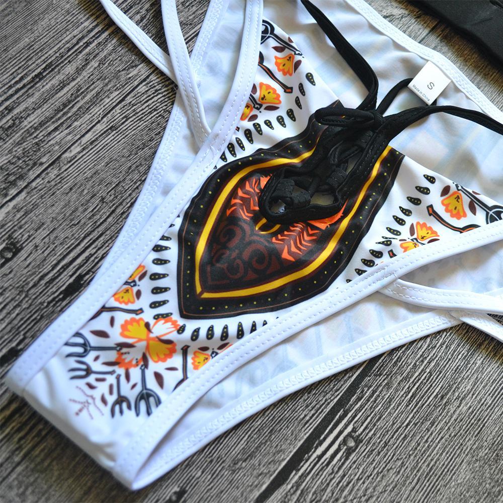 Women's Black Multi-Strap Printed Long Sleeve Bikini