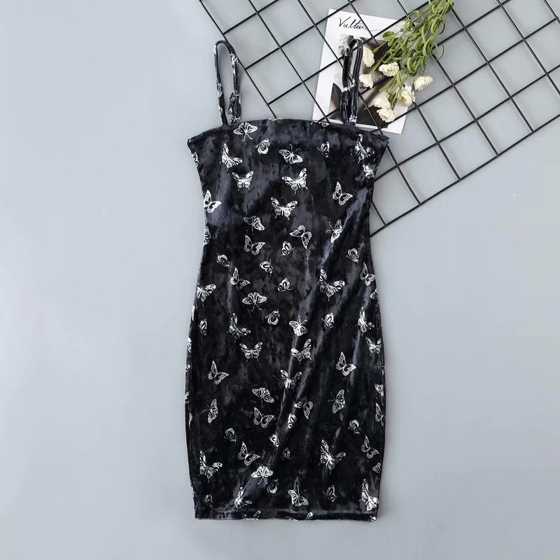 Black Velvet Butterfly Print Slim Fit Cami Dress