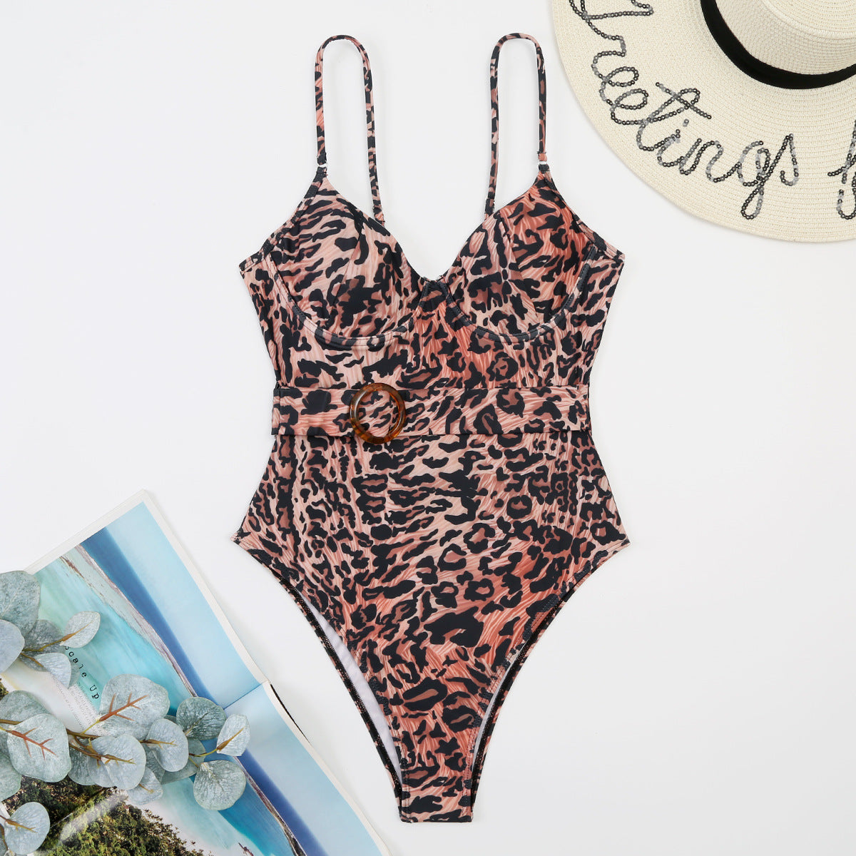 Leopard-Print Strappy Low-Cut One-Piece Swimsuit