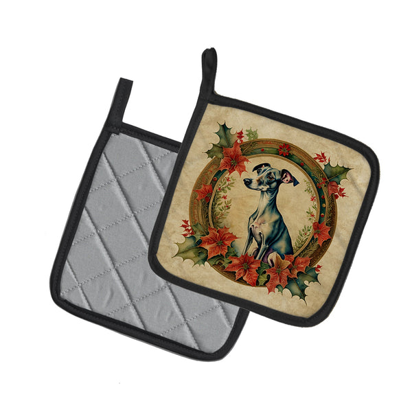Italian Greyhound Christmas Flowers Pair of Pot Holders