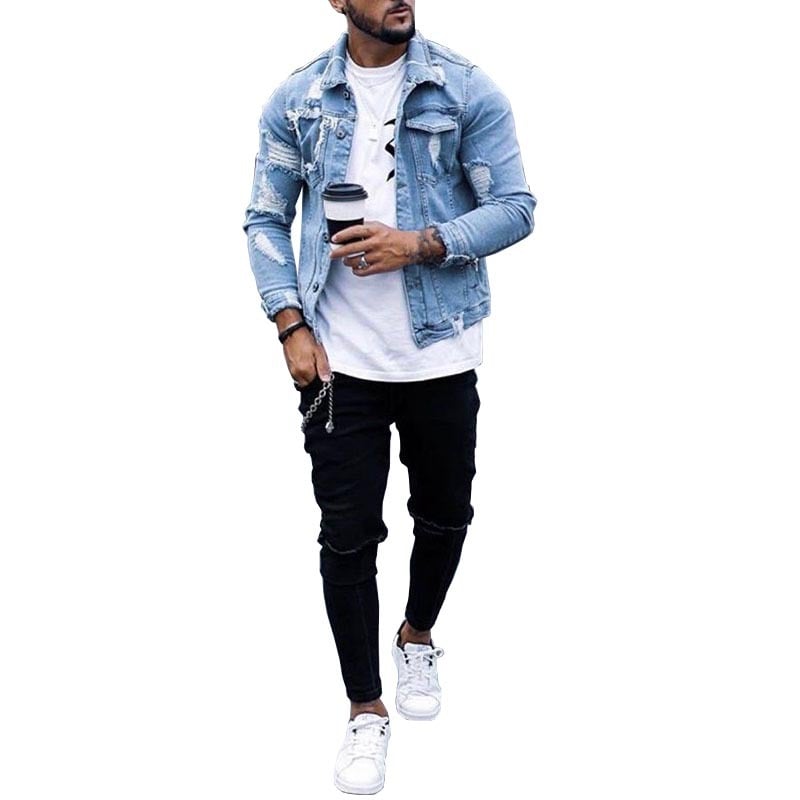 Lapel Men's Ripped Irregular Washed Denim Jacket