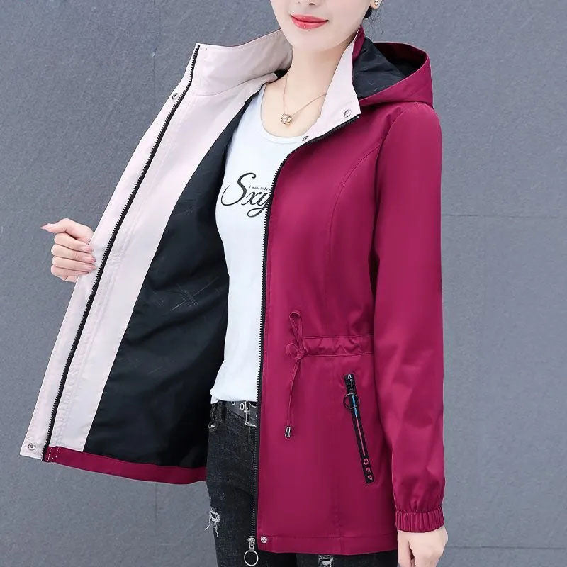 Hooded Mid-Length Velvet Windbreaker Jacket for Women