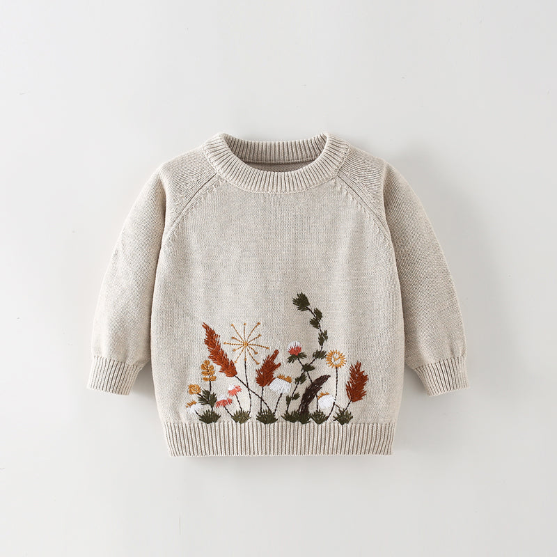 Girls' Embroidered Round Neck Warm Pullover Sweater | Streetwear