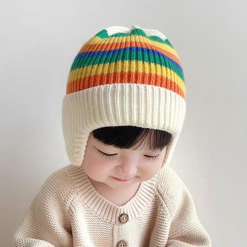 Girls' Knitted Wool Earmuffs and Hat Set | Embroidered Cap
