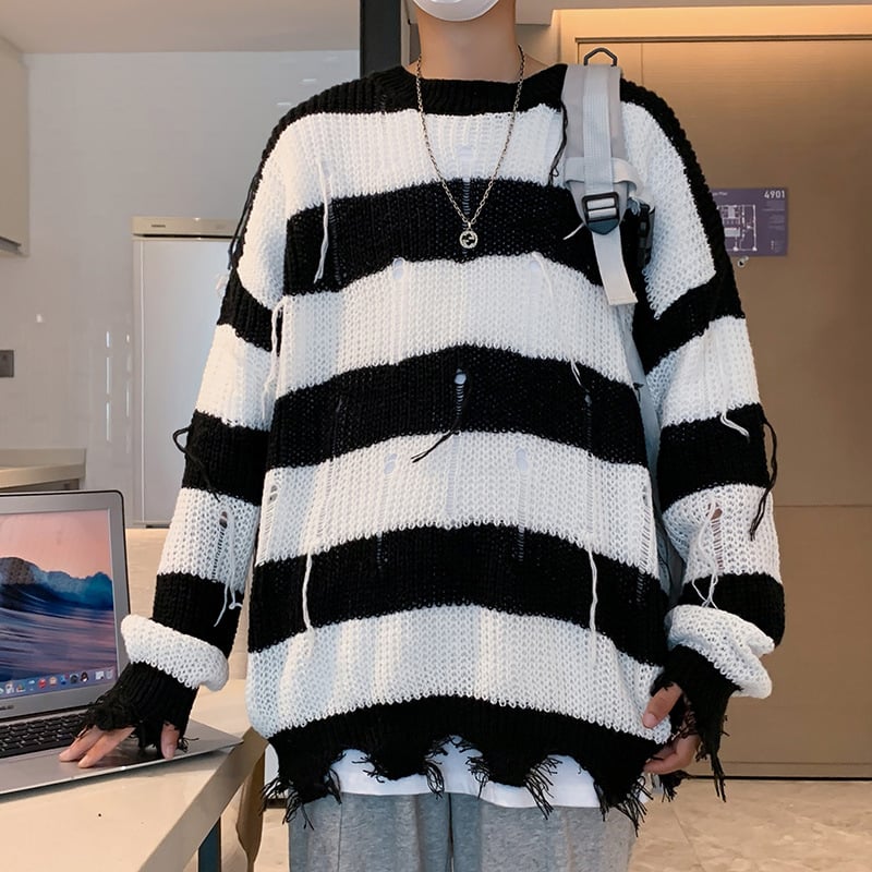 Men's Ripped Fringe Striped Sweater