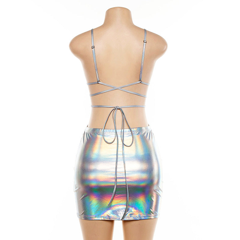 Shiny Silver Bodycon Skirt and Camisole Set