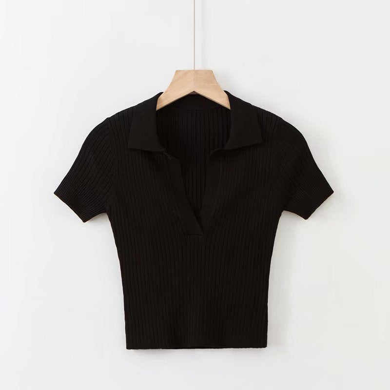 V-Neck Solid Color Short Sleeve Knit Crop Top