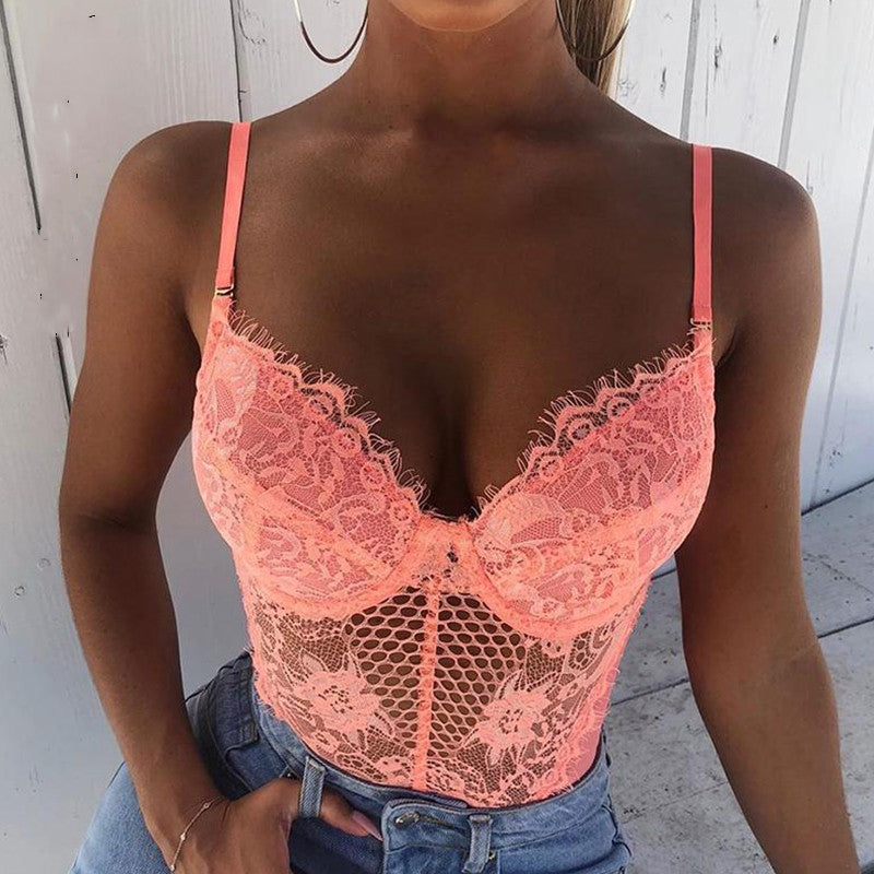 Pink Lace Hollow Out Bodysuit with Slim Fit Design