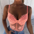 Pink Lace Hollow Out Bodysuit with Slim Fit Design