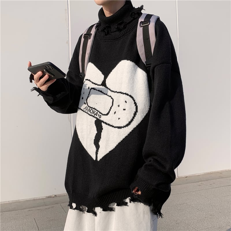 Heart Band-Aid Jacquard Knit Sweater for Couples