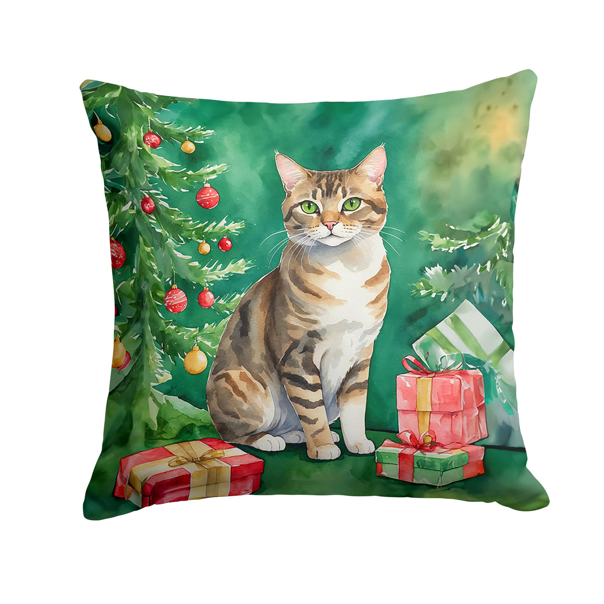 California Spangled Cat By the Christmas Tree Throw Pillow