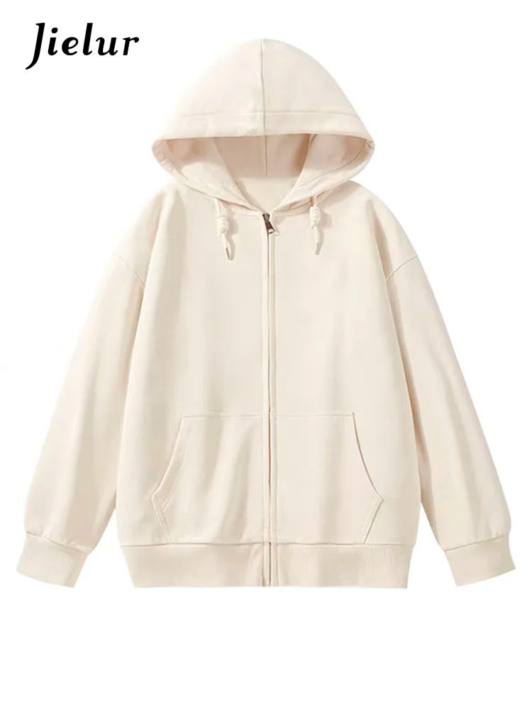 Jielur Solid Color Comfortable Women's Zip-Up Hoodie | Streetwear
