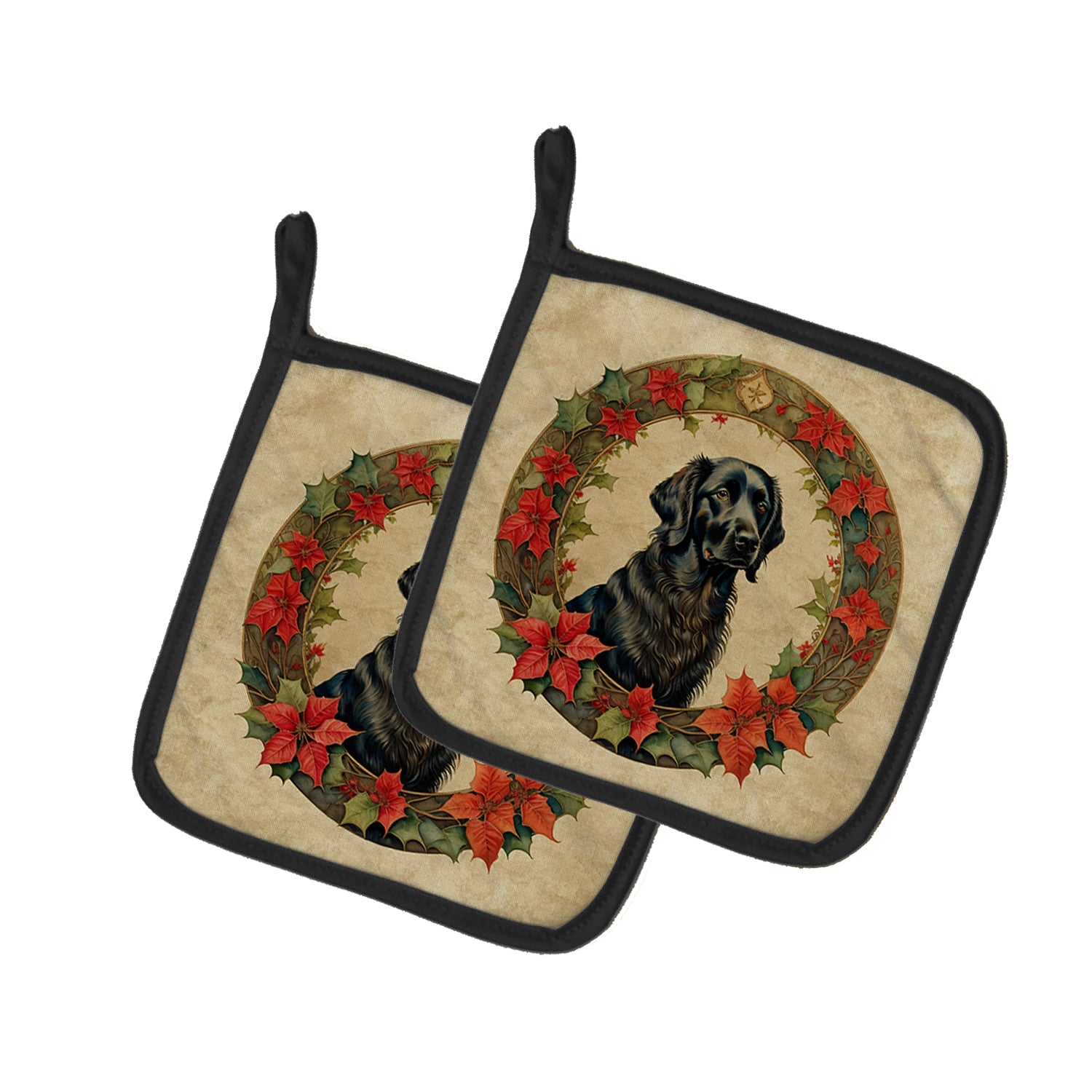 Flat-Coated Retriever Christmas Flowers Pair of Pot Holders